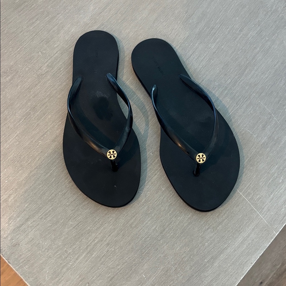 Tory Burch Black Flip Flops with Gold Logo